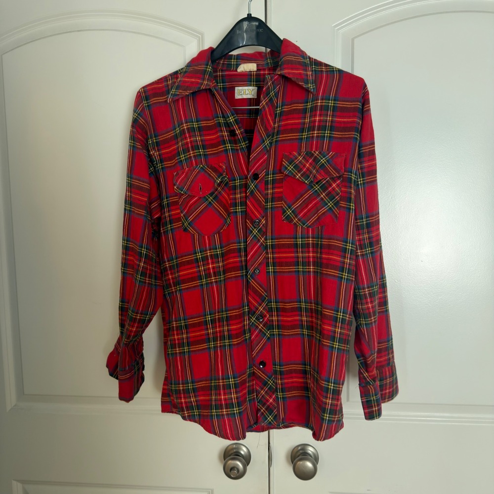 Vintage Ely Red Plaid Flannel Shirt Mens Medium 100% Cotton Tartan Button Down